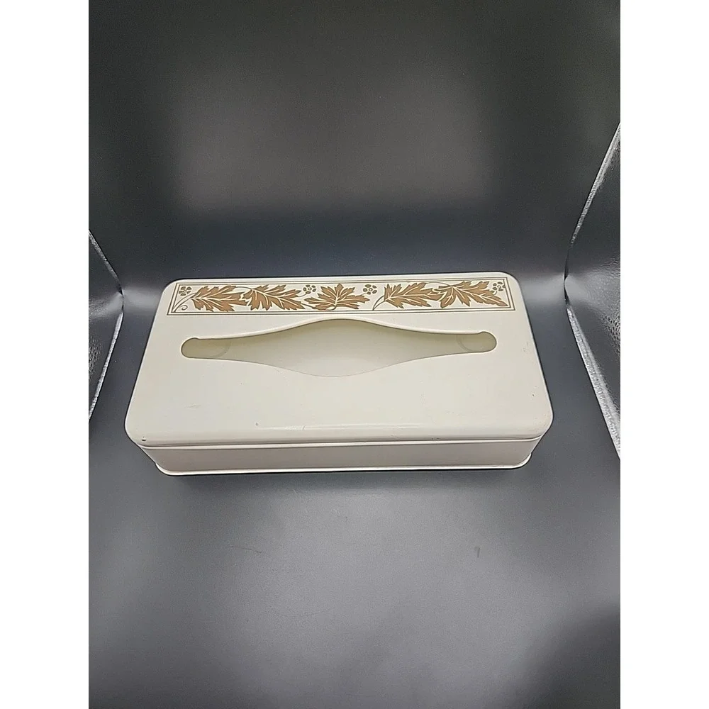 Vintage Ransburg Metal Tissue Box Holder White W/ Gold Leaf Design Mountable